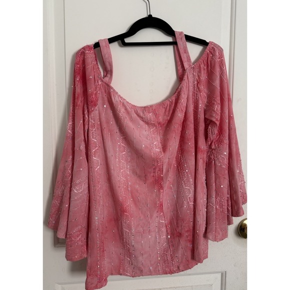 Womens Shirt Pink Tie Dye Cold Shoulder Flare 14/16 Fairy Renaissance Sequins - Picture 2 of 9